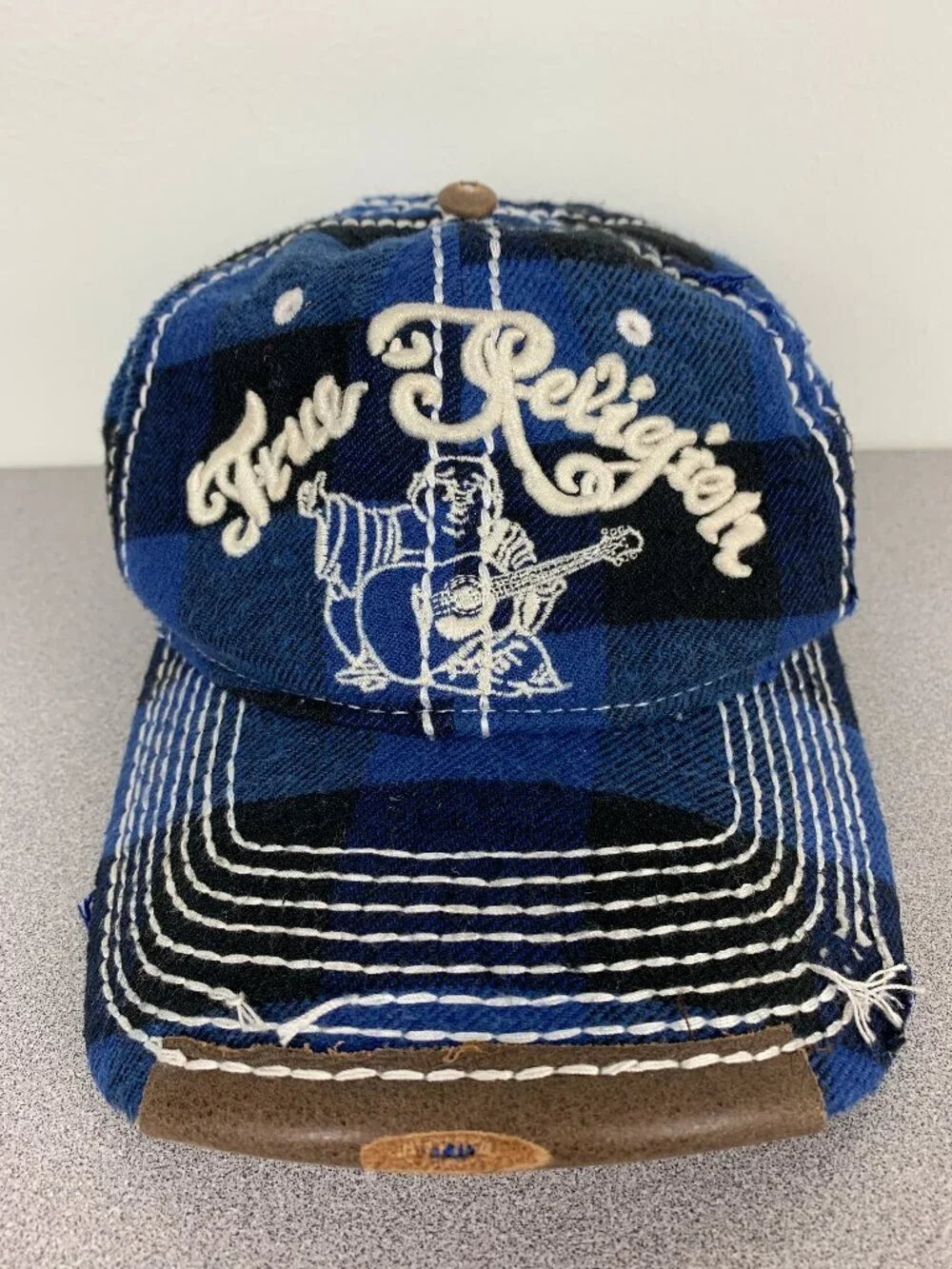 True Religion Distressed Blue Plaid Hat